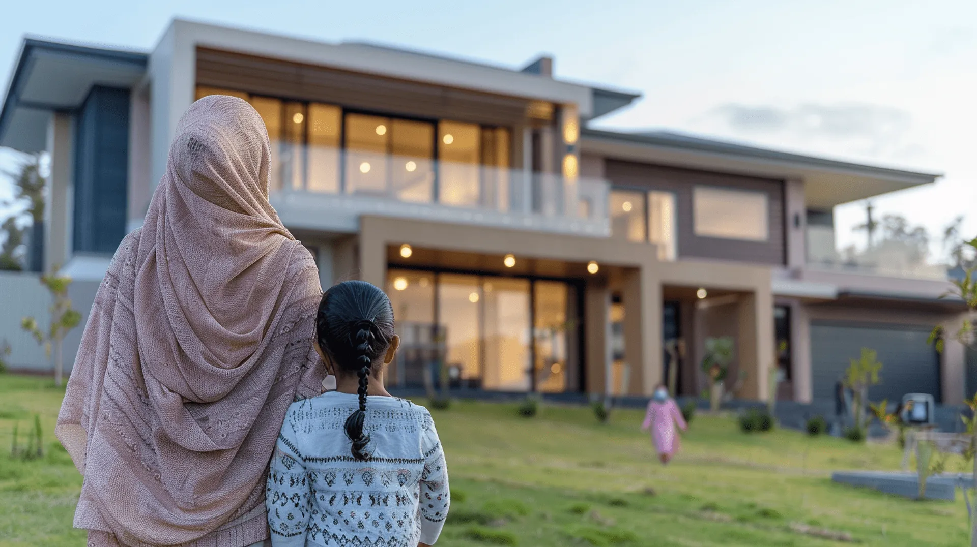 Sharia mortgage — Australian Muslim family outside their new home